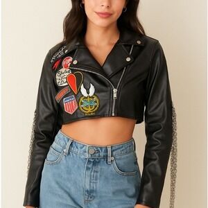 Biker Faux Leather Cropped Jacket‎ SMALL Chain Patch Moto Punk Hot & Delicious